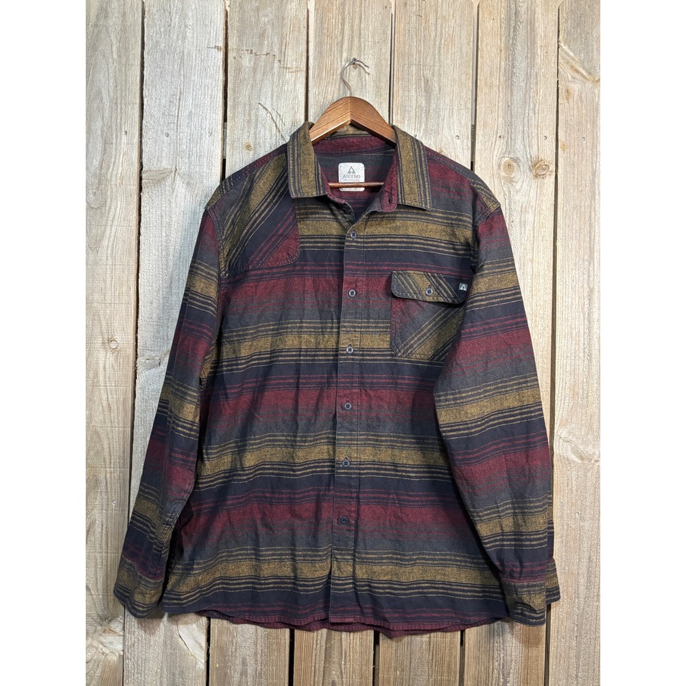 Ascend Mens 2XL Flannel Shirt Long Sleeve Cotton Striped Burgundy 617ACF187441W